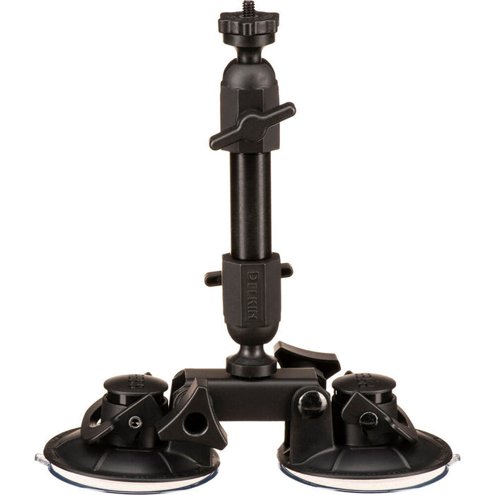 Delkin Devices Fat Gecko Dual-Suction Camera Mount, featuring two ~7 cm industrial-grade suction cups connected to a central adjustable arm with multiple locking joints, topped by a ¼-20 mounting screw and 360° ball-head for versatile camera positioning.