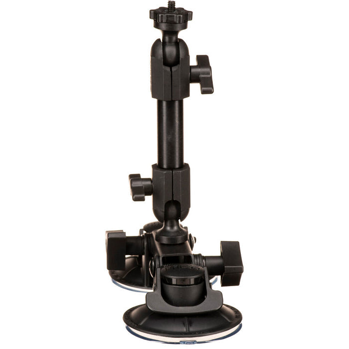 Delkin Devices Fat Gecko Dual-Suction Camera Mount, featuring two ~7 cm industrial-grade suction cups connected to a central adjustable arm with multiple locking joints, topped by a ¼-20 mounting screw and 360° ball-head for versatile camera positioning.