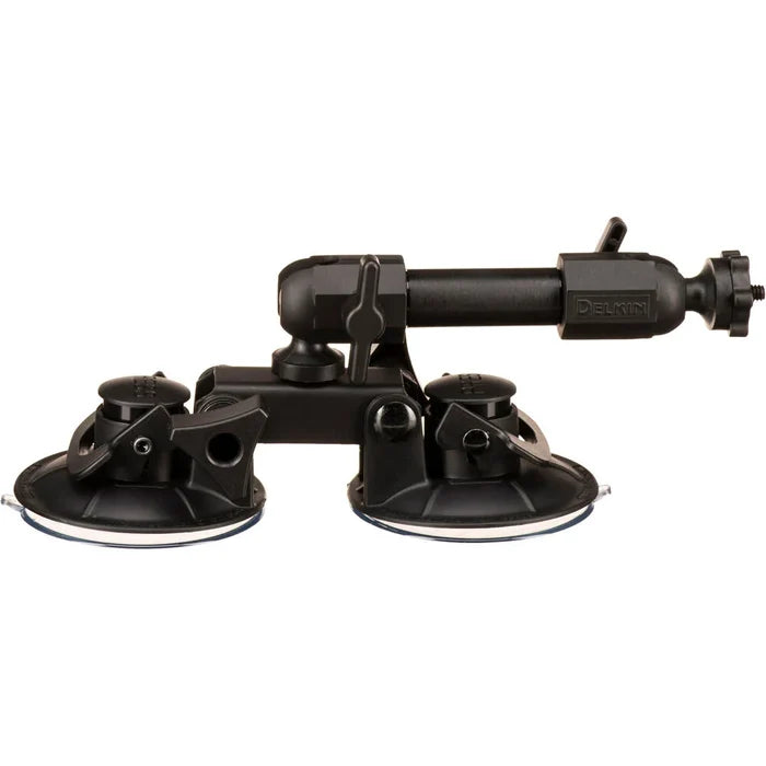Delkin Devices Fat Gecko Dual-Suction Camera Mount, featuring two ~7 cm industrial-grade suction cups connected to a central adjustable arm with multiple locking joints, topped by a ¼-20 mounting screw and 360° ball-head for versatile camera positioning.