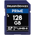 Delkin Devices Prime 128GB SD card on a white background