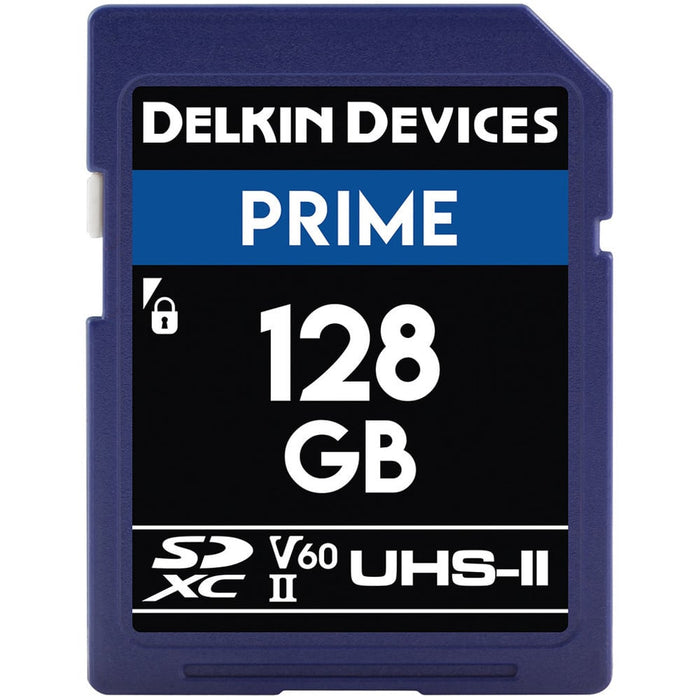 Delkin Devices Prime 128GB SD card on a white background