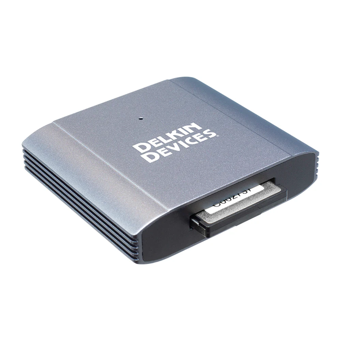 Delkin CFexpress Type B memory card reader angled front view