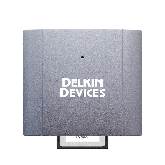 Delkin CFexpress Type B memory card reader top view with card