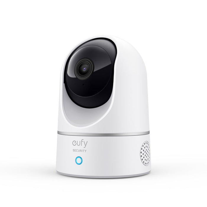 White security camera with black lens on a white background, featuring the eufy brand.