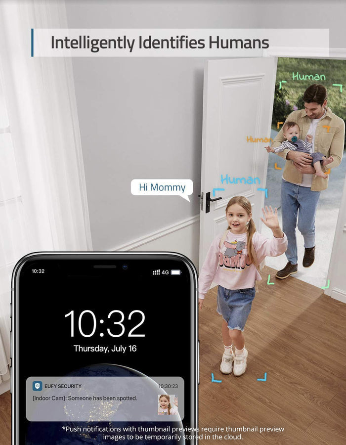 Smart home security system app on a phone with a child and adult at a door, showing human identification.
