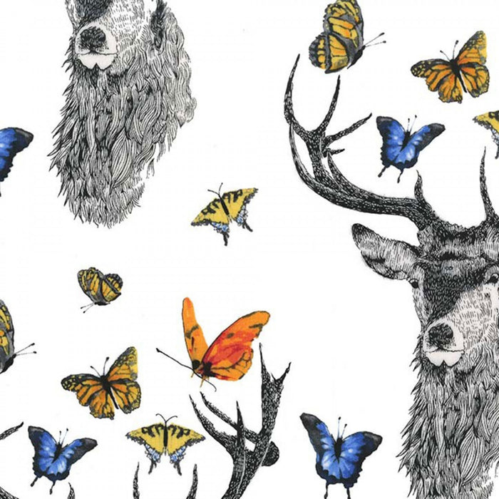 Floral Deer Reindeer Buck Fawn Woodland on White Fabric by the yard