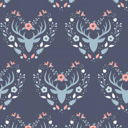 Floral Deer Reindeer Buck Woodland on Navy Fabric by the yard