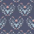 Floral Deer Reindeer Buck Woodland on Navy Fabric by the yard