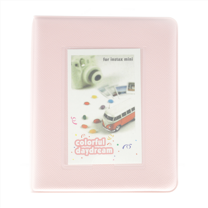 Pink photo album with a window displaying an Instax camera and van design on a white background