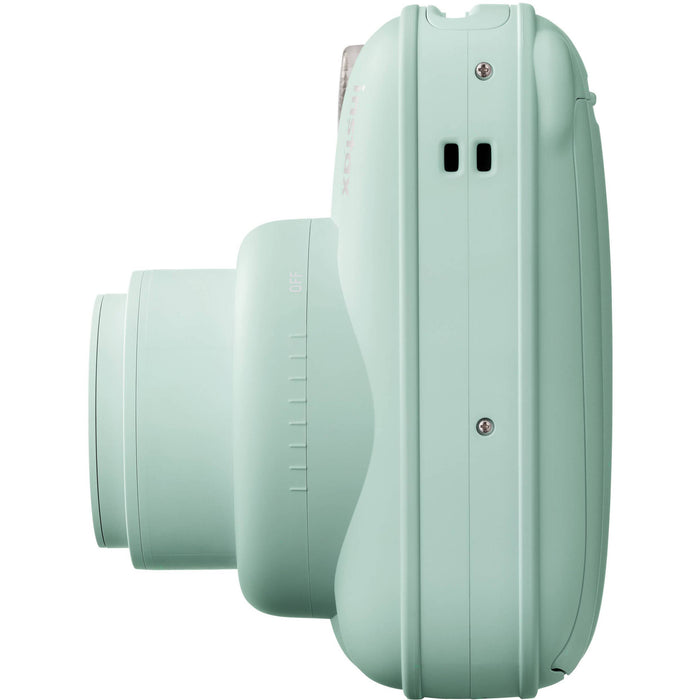 Fujifilm INSTAX Mini instant camera with built-in flash and optical viewfinder.