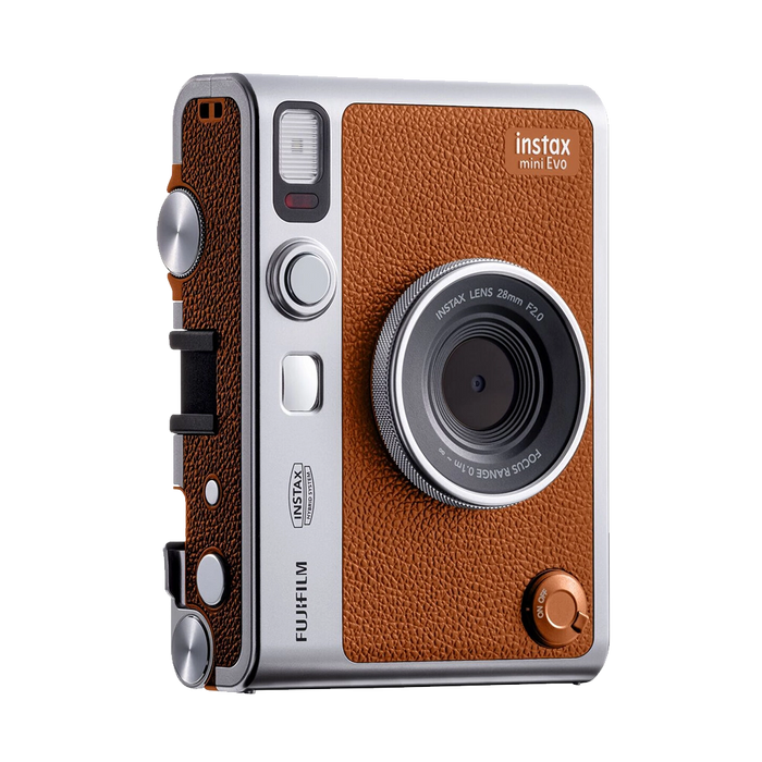 Fujifilm Instax Mini Evo Instant Film Camera (Brown) – stylish hybrid instant camera with retro brown design, digital display, lens and film effects, and instant printing.