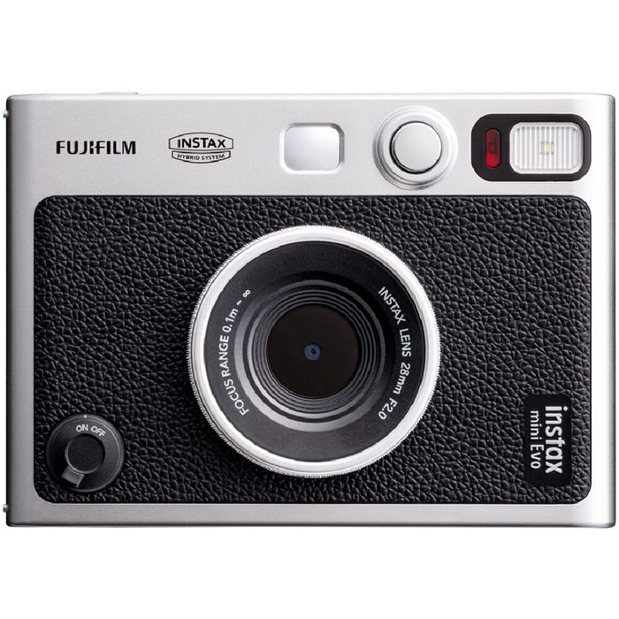 Fujifilm Instax Mini EVO instant camera with lens and film effects.