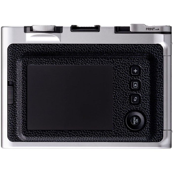Fujifilm Instax Mini EVO instant camera with lens and film effects.