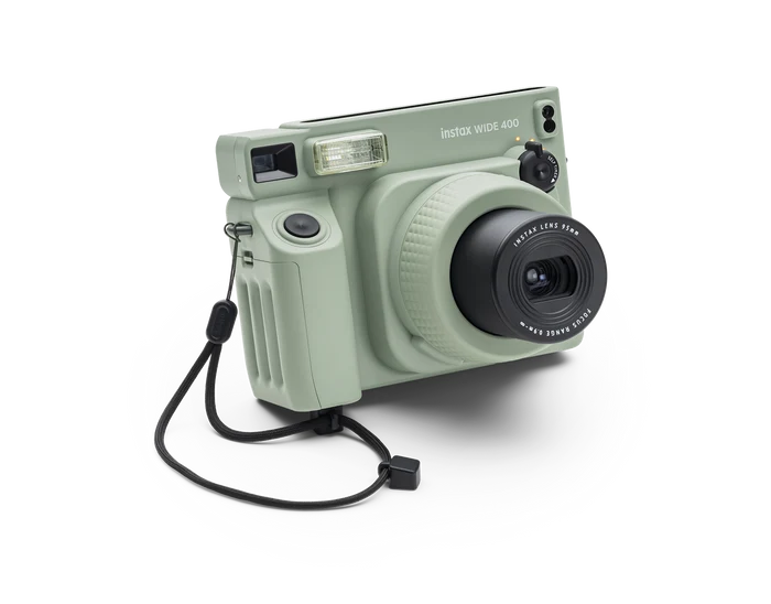 FUJIFILM Instax Wide 400 instant film camera featuring automatic exposure, self-timer, and a stylish retro design for wide-format instant photos.