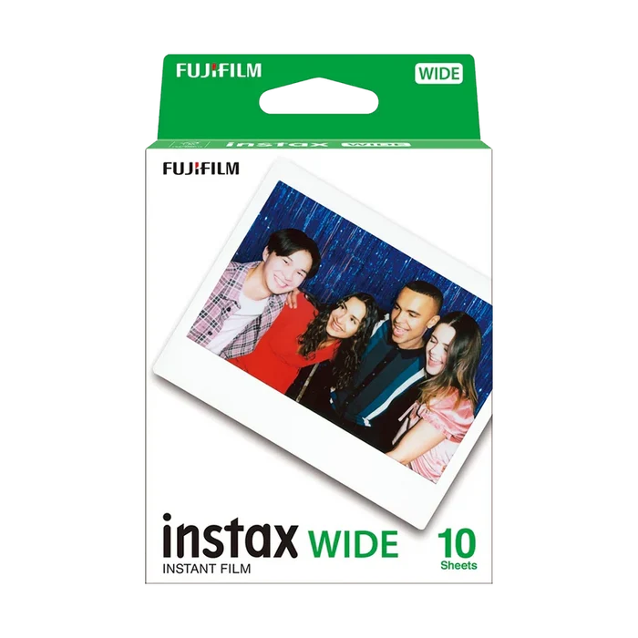 Fujifilm Instax instant color film pack with 10 wide format shots, ISO 800 speed, fine grain, vibrant color reproduction, fast developing time, and extended temperature range for reliable outdoor use.