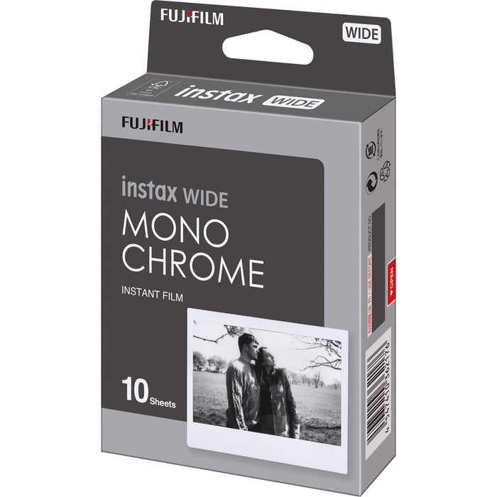 Fujifilm Instax Wide Monochrome Instant Film pack with 10 sheets of ISO 800 black and white wide-format film producing glossy, high-contrast images with a 62 x 99 mm image area.