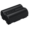 Black Fujifilm battery on a white background