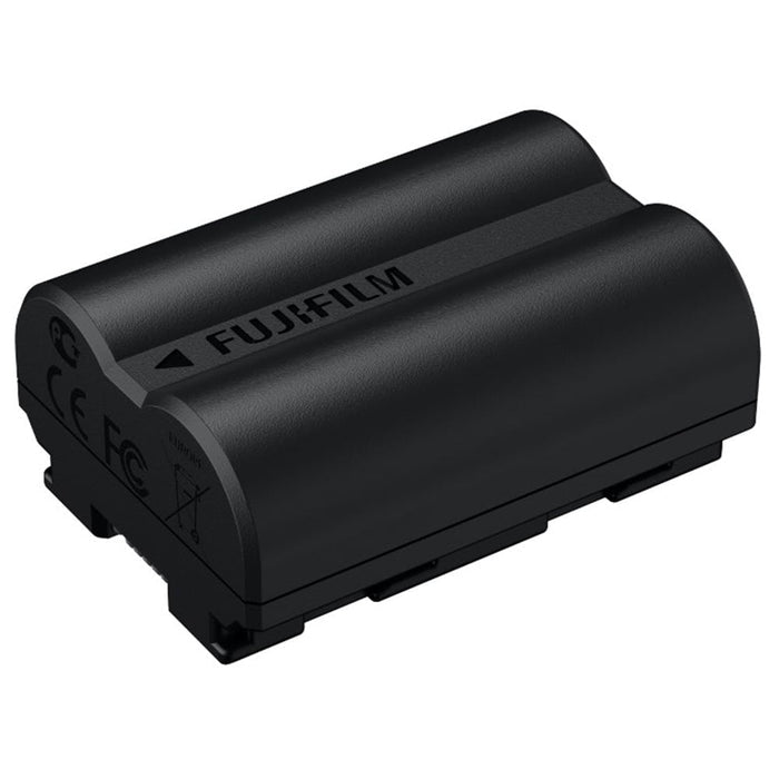 Black Fujifilm battery on a white background