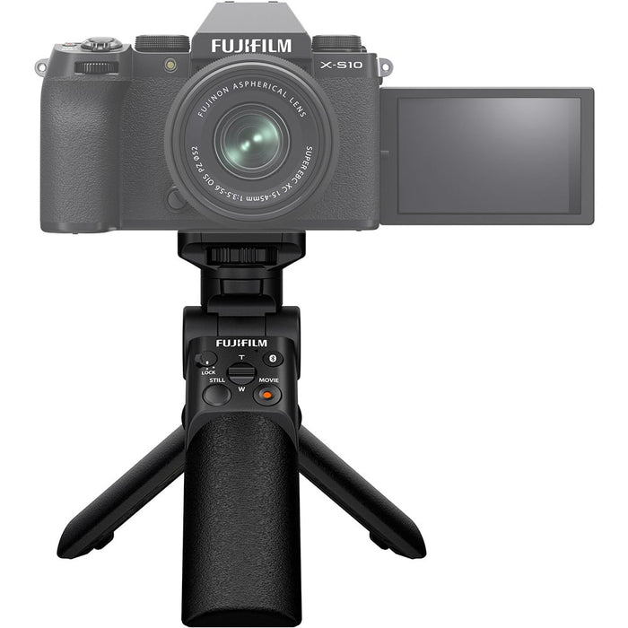 Fujifilm TG-BT1 tripod grip with Bluetooth remote, flexible tilt, weather resistant design, and integrated tripod legs for stable low-angle and selfie shots"