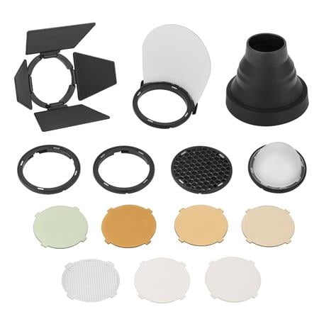Godox AK-R1 accessory kit for H200R round flash head — black mounting ring, diffusion domes, and gel holde