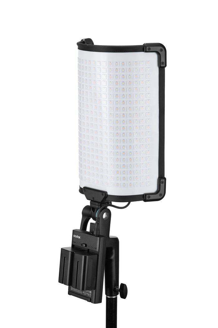 Godox FH50Bi flexible bi-color LED light panel, 30x30cm, foldable, color temp 2800-6500K, CRI/TLCI 97, 11 special effects, wireless control via app or remote, lightweight and slim design for versatile use