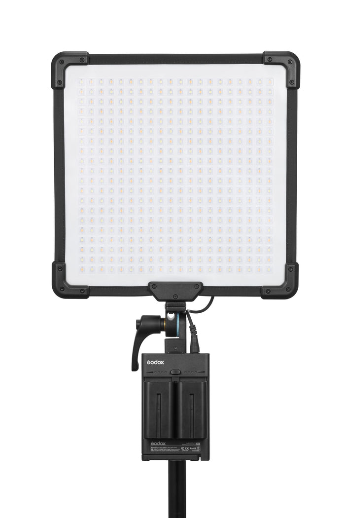 Godox FH50Bi flexible bi-color LED light panel, 30x30cm, foldable, color temp 2800-6500K, CRI/TLCI 97, 11 special effects, wireless control via app or remote, lightweight and slim design for versatile use