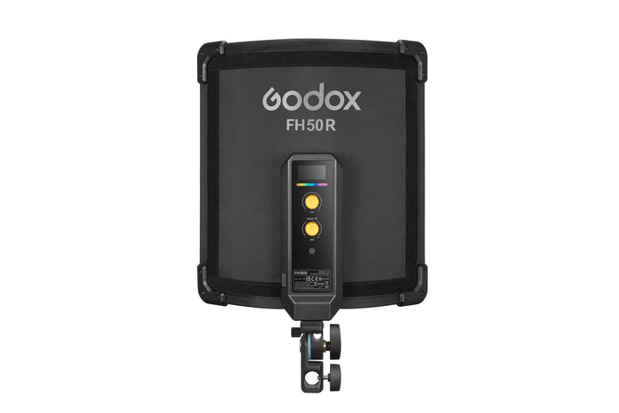 Godox FH50R RGB LED flexible light panel, 31.7x31.1x3.4 cm, color temp 2500-10000K with full RGB control, CRI/TLCI 96, 14 built-in light effects, wireless Bluetooth and 2.4G control, lightweight and bendable, includes adapter holder and carry bag