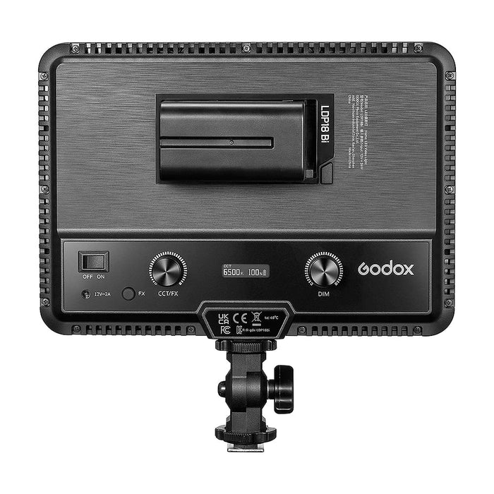 Godox LDP18BI Bi-Colour LED Video Light Panel mounted on camera, showing adjustable colour temperature and compact, portable design.