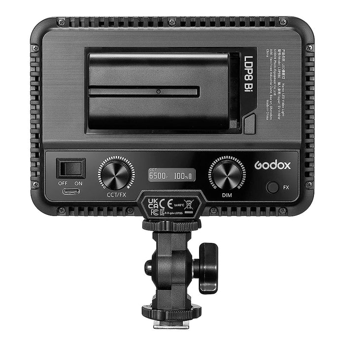 Godox LDP8Bi bi-color LED video light panel—compact rectangular panel with cold-shoe mount.