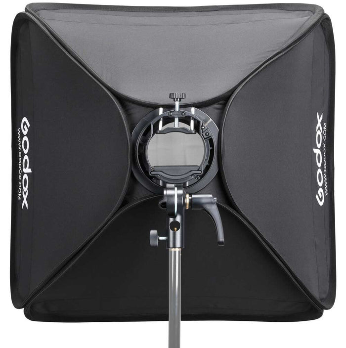 Godox S2 Speedlite bracket with 60 × 60 cm softbox (Bowens mount), collapsible square softbox with speedlight ring and grid, soft diffusion kit.