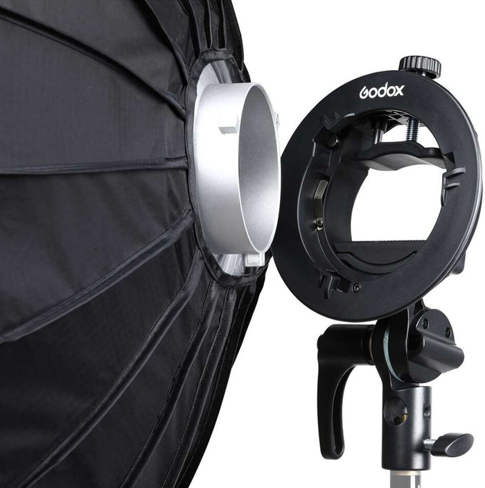 Godox S2 Speedlite bracket with 60 × 60 cm softbox (Bowens mount), collapsible square softbox with speedlight ring and grid, soft diffusion kit.
