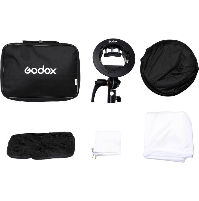 Godox S2 Speedlite bracket with 60 × 60 cm softbox (Bowens mount), collapsible square softbox with speedlight ring and grid, soft diffusion kit.