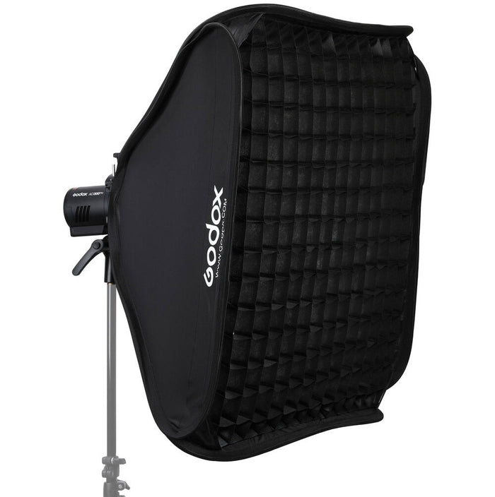 Godox S2 speedlight bracket kit with 80×80 cm softbox and grid—collapsible square softbox with Bowens-style mount