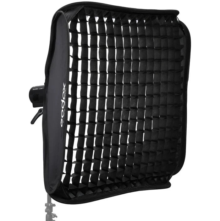 Godox S2 speedlight bracket kit with 80×80 cm softbox and grid—collapsible square softbox with Bowens-style mount