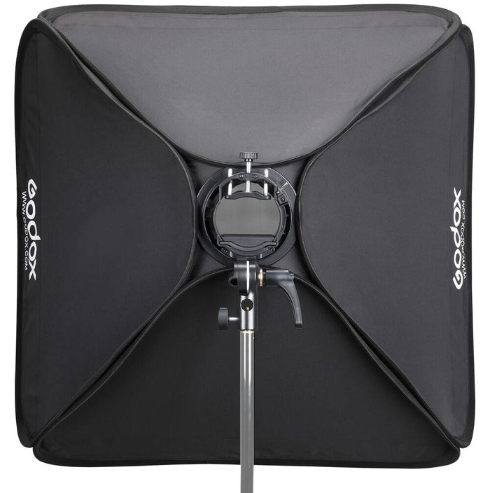 Godox S2 speedlight bracket kit with 80×80 cm softbox and grid—collapsible square softbox with Bowens-style mount