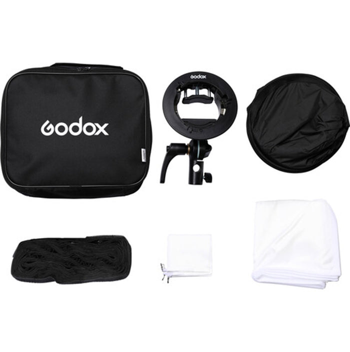 Godox S2 speedlight bracket kit with 80×80 cm softbox and grid—collapsible square softbox with Bowens-style mount
