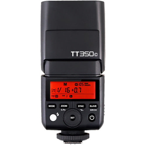Godox TT350C Mini Thinklite TTL Flash for Canon — compact camera-mounted flash with tilt and swivel head.