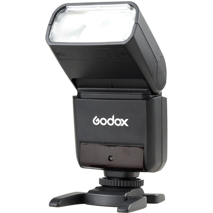 Godox TT350N Mini Thinklite TTL Flash for Nikon, compact lightweight flash with built-in 2.4GHz radio, support for Nikon i-TTL, high-speed sync, 24-105mm zoom, and tilting/rotating flash head.
