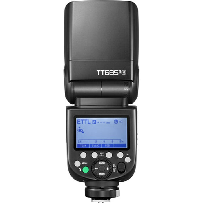 Godox TT685N II Nikon flash with wireless i-TTL, tilting head, 20–200mm zoom, and TCM manual mode.