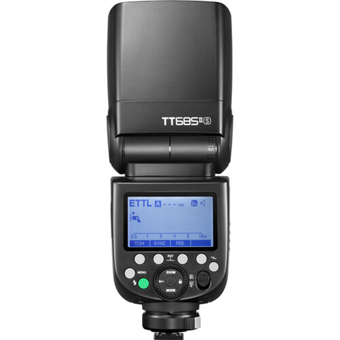 Godox TT685S II Flash for Sony ADI / P-TTL with tilting and rotating head, wireless 2.4 GHz control, TCM mode, high-speed sync, and USB-C update port.