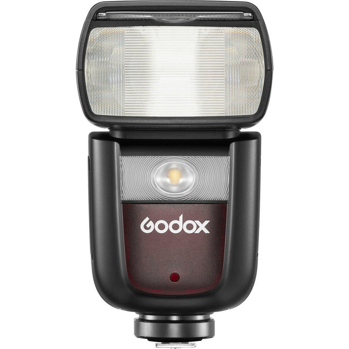 Godox V860 III speedlight for Fujifilm – black flash unit with tilting head, LCD panel, and removable lithium battery.