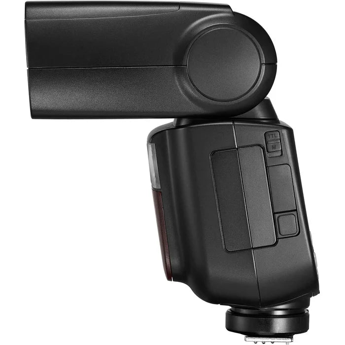 Godox V860 III speedlight for Fujifilm – black flash unit with tilting head, LCD panel, and removable lithium battery.