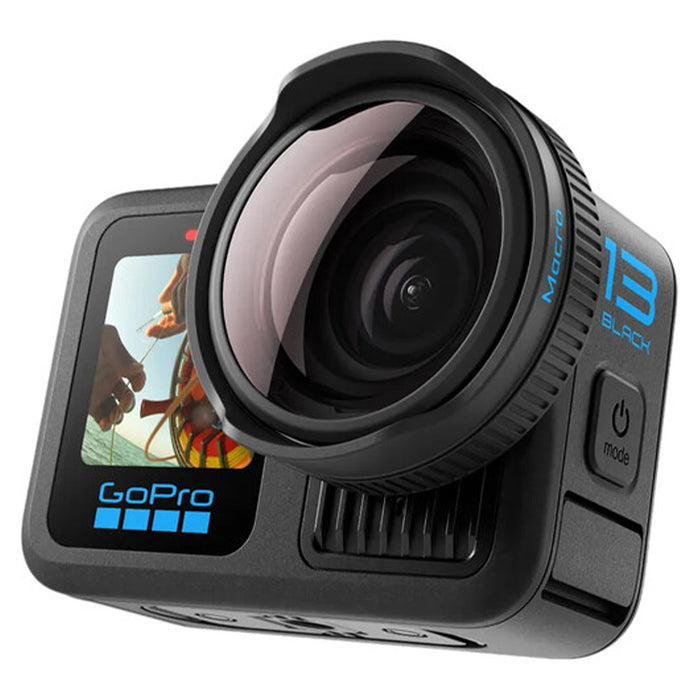 GoPro camera with lens and display on a white background