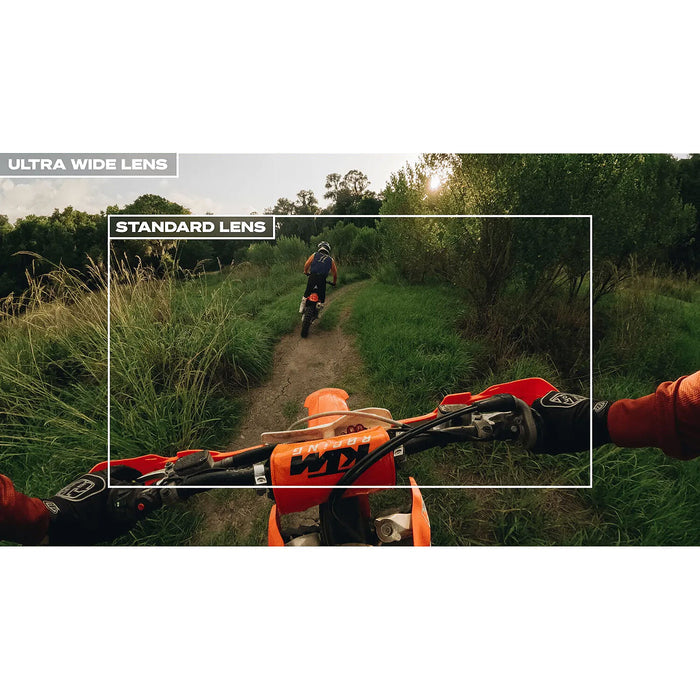 Comparison of ultra wide lens and standard lens on a dirt bike ride through a forest.