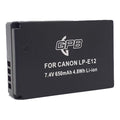 GPB Generic replacement Canon LP-E12 lithium-ion battery with 7.4V output, 650mAh capacity, lightweight design, USB-C rechargeable, compatible with Canon EOS M50, M100, and PowerShot SX70 HS cameras.