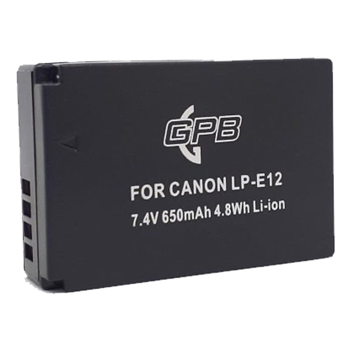 GPB Generic replacement Canon LP-E12 lithium-ion battery with 7.4V output, 650mAh capacity, lightweight design, USB-C rechargeable, compatible with Canon EOS M50, M100, and PowerShot SX70 HS cameras.
