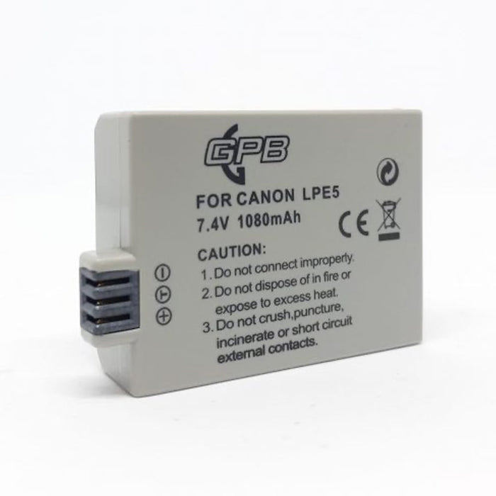 GPB Generic Canon LP-E5 rechargeable lithium-ion battery with 7.4V voltage and 1080mAh capacity, compatible with Canon EOS 450D, 500D, 1000D models, designed for extended shooting sessions.