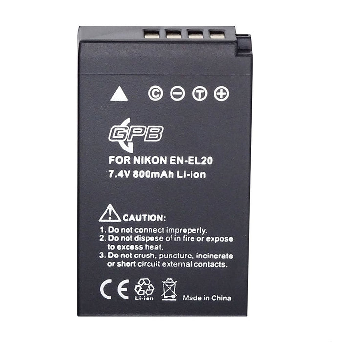 GPB Generic replacement Nikon EN-EL20 rechargeable lithium-ion battery with 7.2V voltage and 800mAh capacity, compact and lightweight design, compatible with Nikon Coolpix A and other Nikon cameras.