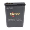 GPB Generic Nikon EN-EL23 rechargeable lithium-ion battery with 3.8V voltage and 1850mAh capacity, designed for Nikon Coolpix P600, P900, B700, and similar models for extended shooting capability.