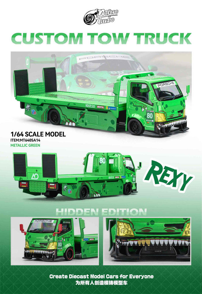 (PRE-ORDER) Green Rexy Dino Custom Tow Truck Flat Bed  Micro Turbo Mega Gear 1/64 scale MG - 642